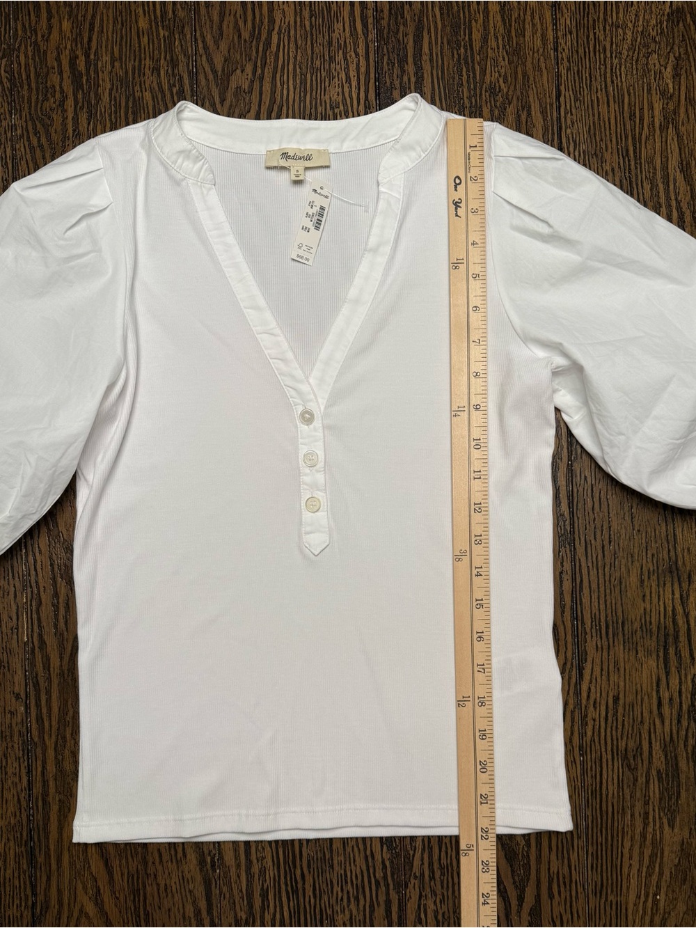 Madewell White Puff Sleeve Henley Size S, NWT Pima Cotton, Retails $68 - Picture 5 of 8